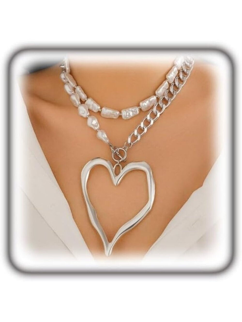 Women's Pearl Silver Chunky Gold Heart Necklace Puffy Heart Statement Chain